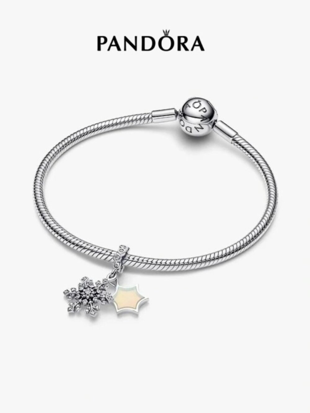 Pandora Silver Bracelet with Crystal Snowflake and Opalescent Star Charm